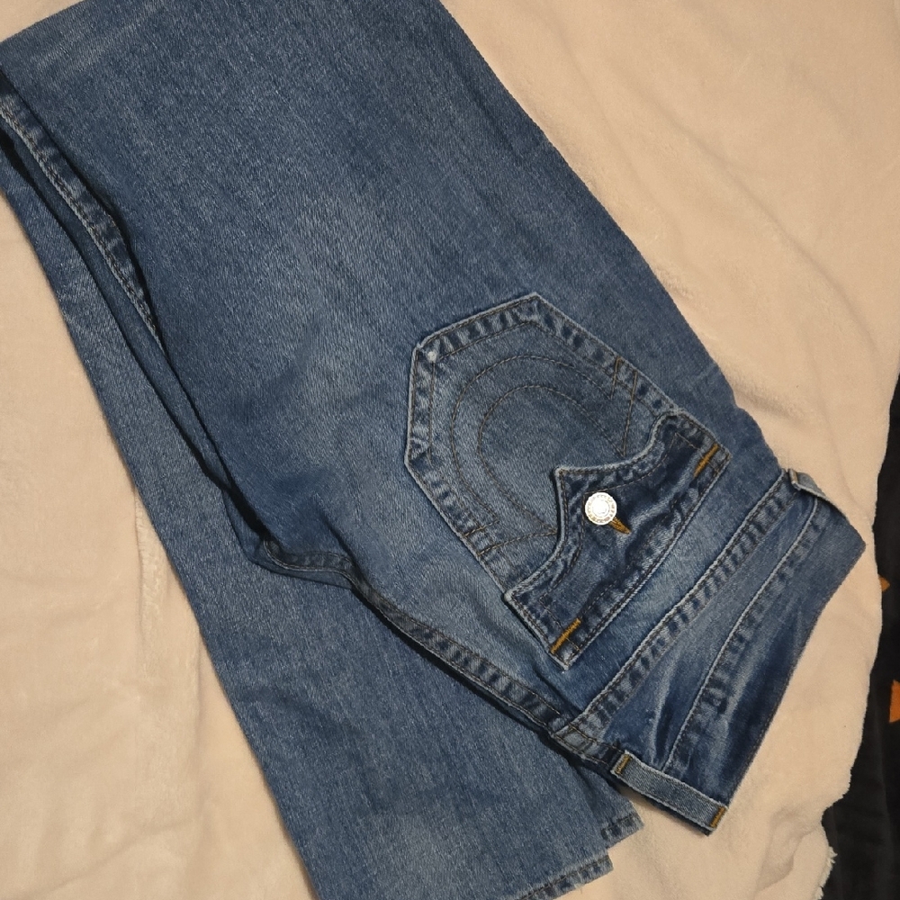True Religion Men's Blue Skinny Jeans with Visible Stitching